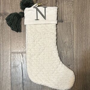 Cream Holiday Stocking with Green Tassels